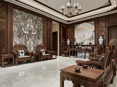 Traditional Chinese Living Dining Room Interior With Wooden Furniture Chandelier And Landscape Painting Backdrop 3d model