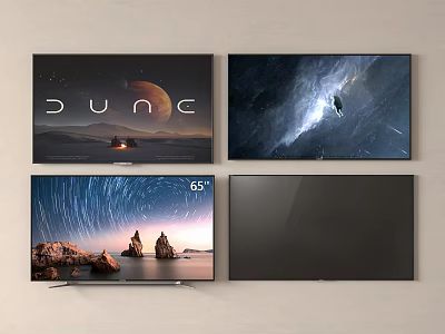 Four Modern 55 Inch TVs Displaying Dune Movie Starry Sky And Landscape Scenes 3d model