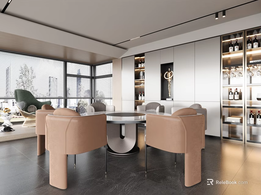Modern Restaurant Interior With Round Dining Table Beige Chairs Large Windows And Wine Storage 3d model