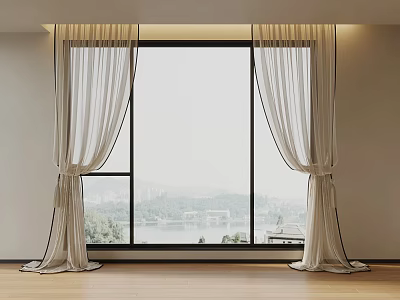 White Sheer Curtains in Modern Interior With Window View Of River Bridge And Cityscape 3d model
