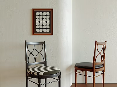 Stylish Dining Chairs With Metal And Wooden Frames And Patterned Black Seats In Interior 3d model
