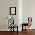 Stylish Dining Chairs With Metal And Wooden Frames And Patterned Black Seats In Interior