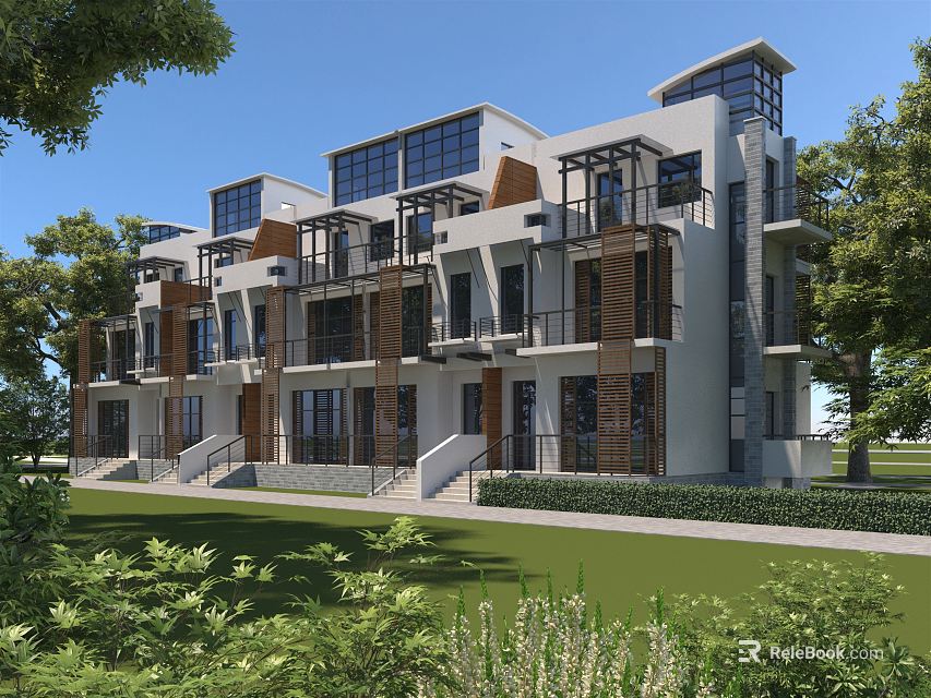 Modern Multi Story Townhouse Exterior Showcasing Large Windows Greenery And Lawn 3d model 