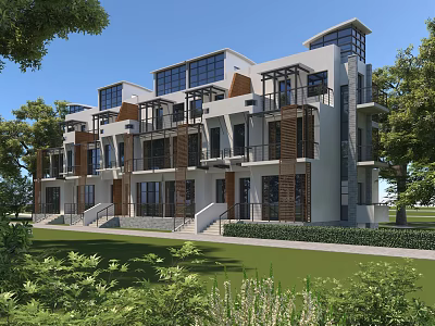 Modern Multi Story Townhouse Exterior Showcasing Large Windows Greenery And Lawn 3d model