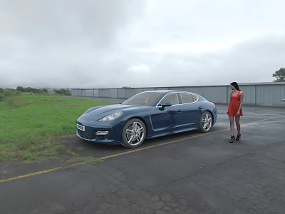 Elegant Blue Luxury Car Parked In Empty Field With Woman In Red Dress 3d model