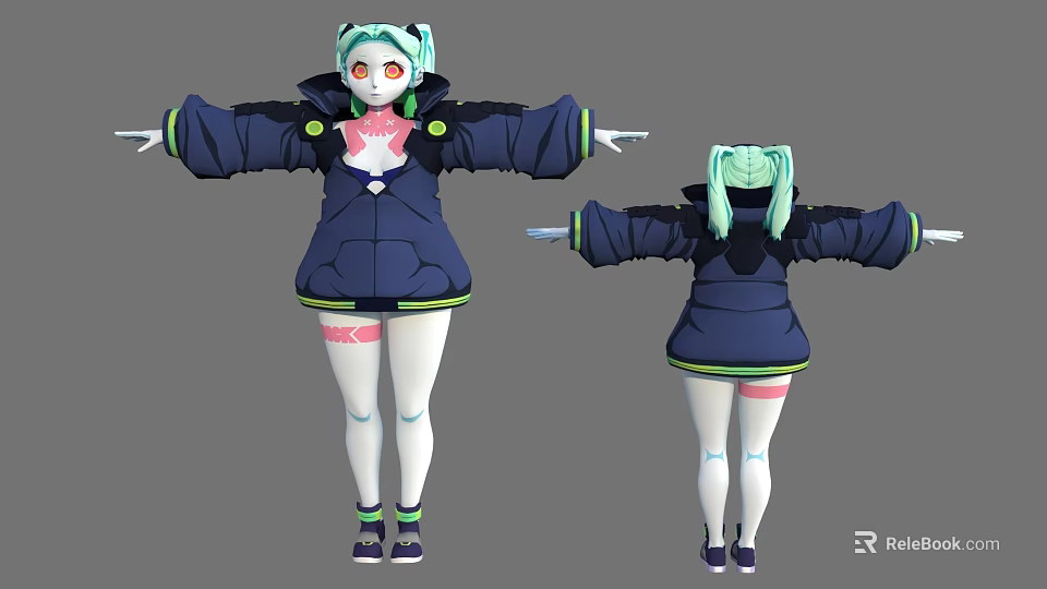 Anime Character Creature Design With Light Green Hair Dark Blue Jacket White Stockings And Pink Tattoos 3d model 