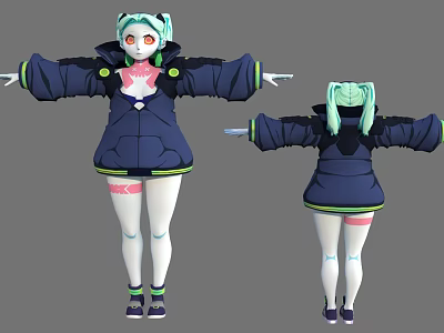 Anime Character Creature Design With Light Green Hair Dark Blue Jacket White Stockings And Pink Tattoos 3d model