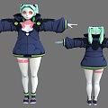 Anime Character Creature Design With Light Green Hair Dark Blue Jacket White Stockings And Pink Tattoos