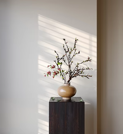 Beige Ceramic Vase with Branches and Pink Flowers on Dark Wooden Table with Sunlight Patterns 3d model