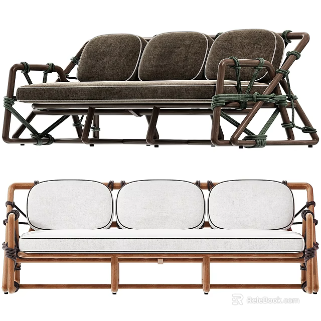 Modern Outdoor Sofa with Rattan Frame Woven Straps and Brown White Cushions 3d model 