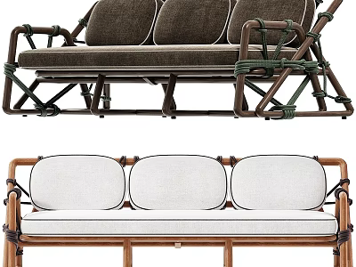 Modern Outdoor Sofa with Rattan Frame Woven Straps and Brown White Cushions 3d model