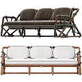 Modern Outdoor Sofa with Rattan Frame Woven Straps and Brown White Cushions