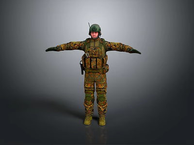 Game Movie Military Character in Camouflage Uniform With Helmet Tactical Gear Standing Open Arms 3d model