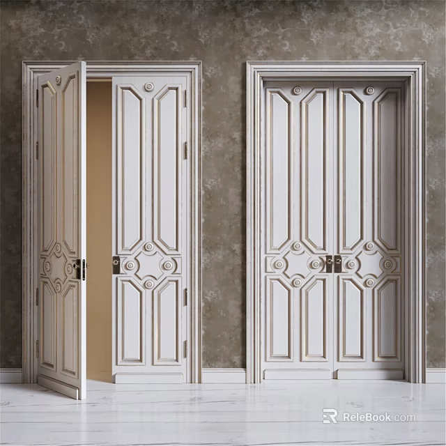 Elegant White Hinged Doors With Carved Panels Frame And Textured Wall 3d model 