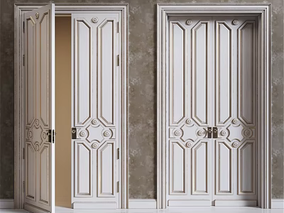 Elegant White Hinged Doors With Carved Panels Frame And Textured Wall 3d model