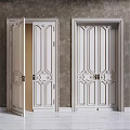 Elegant White Hinged Doors With Carved Panels Frame And Textured Wall