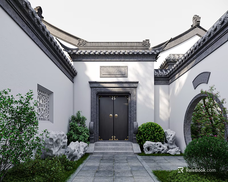 Traditional Chinese Entrance Gate With Gray Tiled Roof White Walls Rock Decorations and Green Plants 3d model 