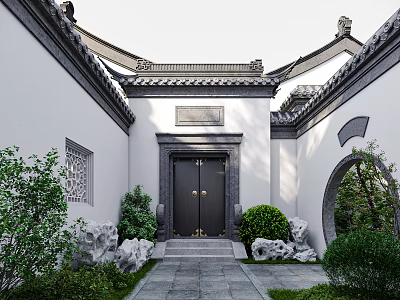Traditional Chinese Entrance Gate With Gray Tiled Roof White Walls Rock Decorations and Green Plants 3d model