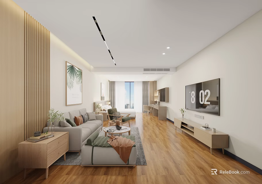 Modern Minimalist Apartment Living Room With Sofa TV And Wooden Flooring 3d model 