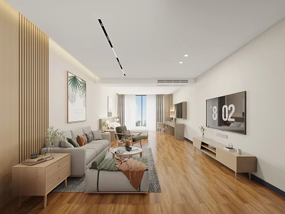 Modern Minimalist Apartment Living Room With Sofa TV And Wooden Flooring 3d model