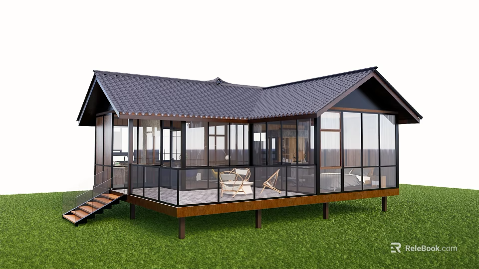 Modern Boutique Guesthouse With Dark Roof Large Glass Walls And Wooden Deck On Green Grass 3d model 