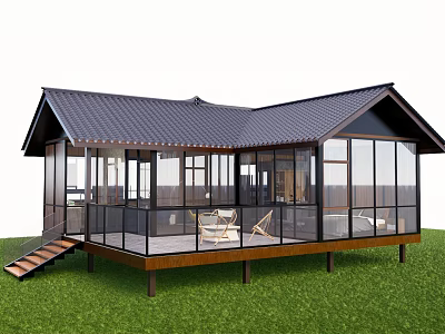 Modern Boutique Guesthouse With Dark Roof Large Glass Walls And Wooden Deck On Green Grass 3d model