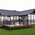 Modern Boutique Guesthouse With Dark Roof Large Glass Walls And Wooden Deck On Green Grass