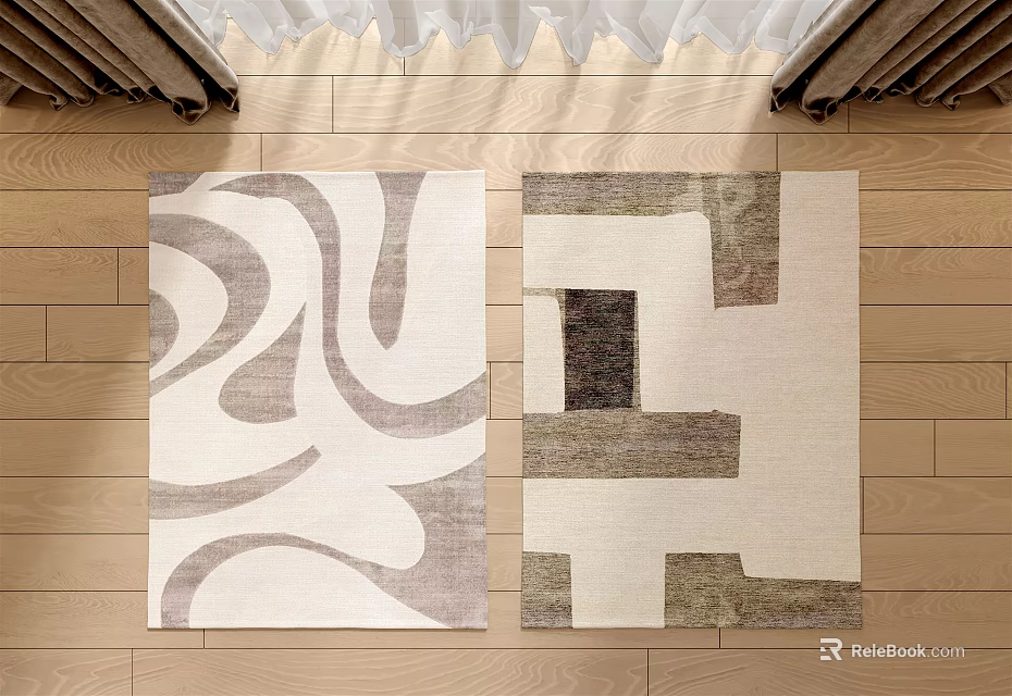 Two Square Rugs With Wave And Geometric Square Patterns On Wooden Floor 3d model