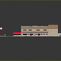 Bingo Hall Building With Red And Beige Exterior Flat Roof Clock Sign Surrounding Lawn And People