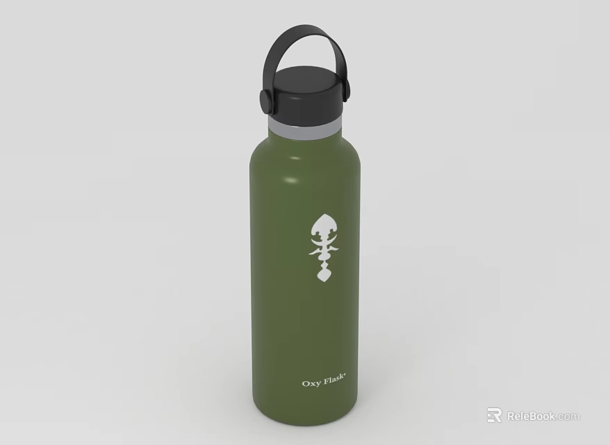 Green Insulated Water Bottle With Black Lid Carry Handle White Cartoon City Flask Design 3d model 