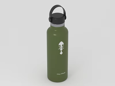 Green Insulated Water Bottle With Black Lid Carry Handle White Cartoon City Flask Design 3d model