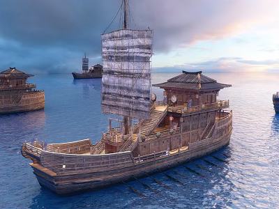 Wooden Chinese-style Sailing Ship with Traditional Cabins on Calm Blue Sea at Sunset 3d model