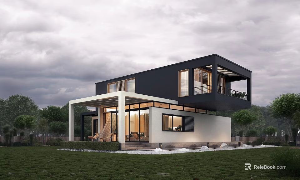 Modern Detached Villa With Black And White Exterior Large Glass Windows Green Lawn And Trees 3d model 