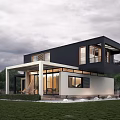 Modern Detached Villa With Black And White Exterior Large Glass Windows Green Lawn And Trees