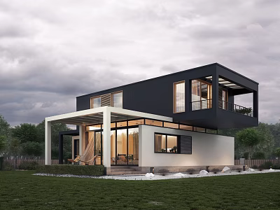 Modern Detached Villa With Black And White Exterior Large Glass Windows Green Lawn And Trees 3d model