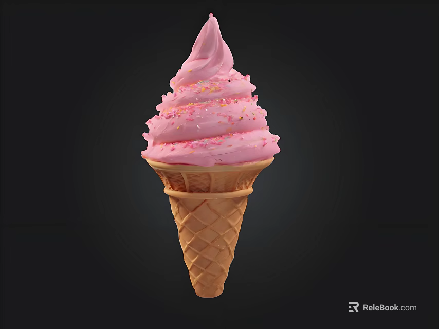 Delicious Pink Creamy Soft Serve Ice Cream in Waffle Cone with Pink Sprinkles 3d model 
