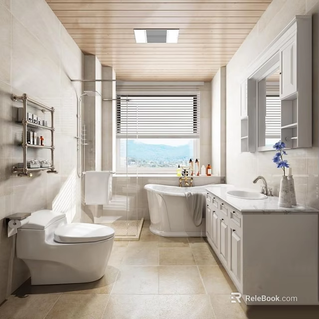 Modern Bathroom Interior With White Toilet Freestanding Bathtub And Marble Countertop 3d model 