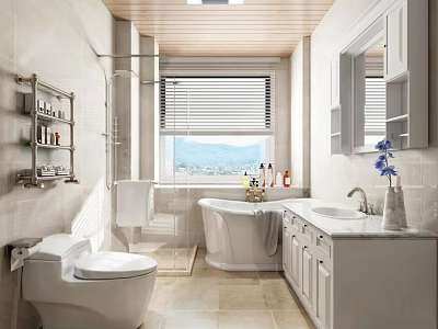 Modern Bathroom Interior With White Toilet Freestanding Bathtub And Marble Countertop 3d model