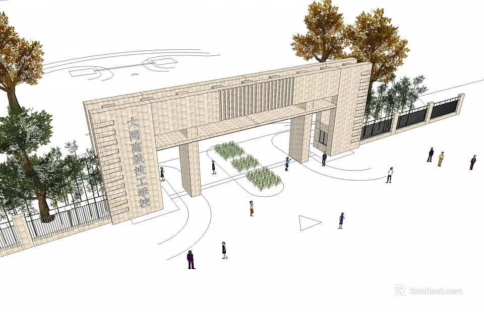 Stone Entrance Gate Design With Trees Pathway And People Walking 3d model