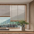 Bay Window Featuring Bamboo Blinds Mountain View Wooden Floor Tea Tray and Plant