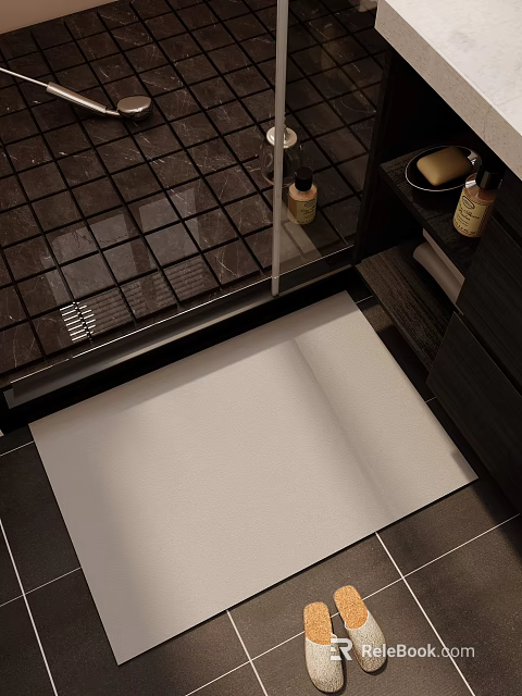 White Square Bath Rug on Dark Tile Floor with Bathroom Toiletries 3d model 