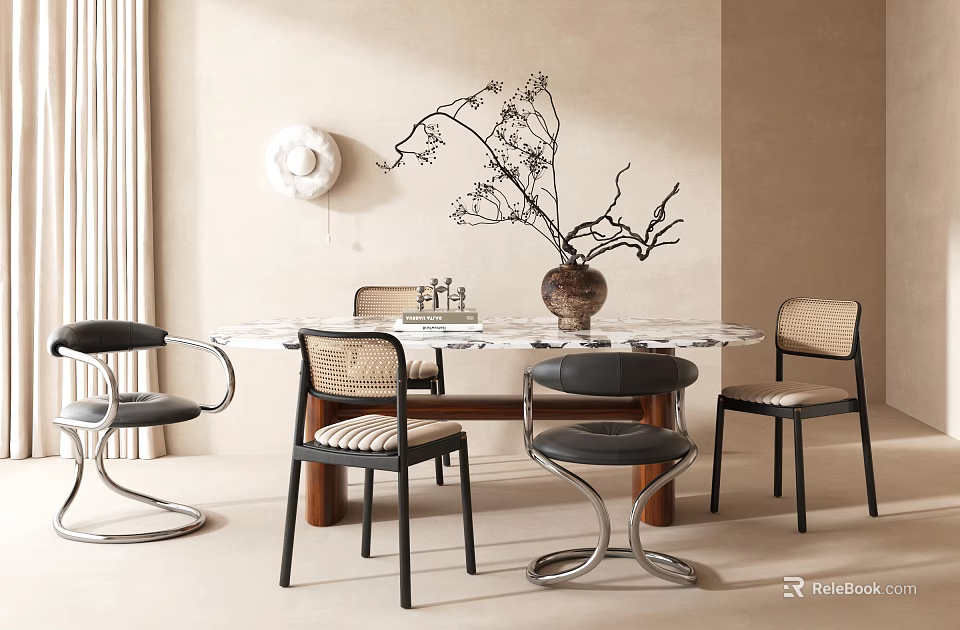 Modern Minimalist Dining Table Set With Marble Top Woven Back Chairs And Decorative Branch Vase 3d model 