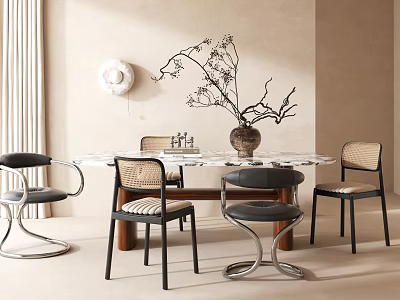 Modern Minimalist Dining Table Set With Marble Top Woven Back Chairs And Decorative Branch Vase 3d model