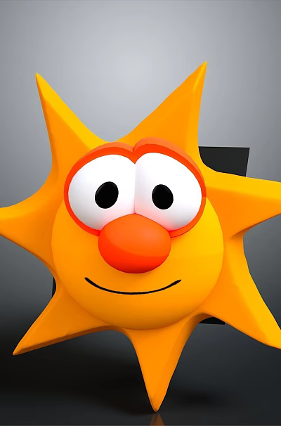 Scenic Yellow Cartoon Sun With Big Eyes Red Nose And Smiling Face On Gray Background 3d model