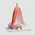 Coral And White Sheer Bed Canopy With Fluffy Pillows On Soft White Rug