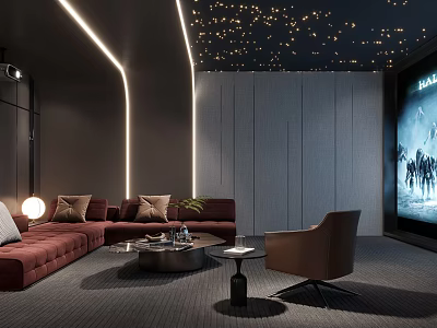 Modern Home Theater With Starry Ceiling Red L shaped Sofa And Large Screen 3d model