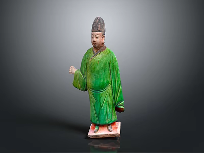 Ancient Terracotta Figurine In Green Robe With Hat And Standing Posture On Base 3d model