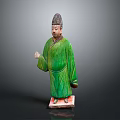 Ancient Terracotta Figurine In Green Robe With Hat And Standing Posture On Base