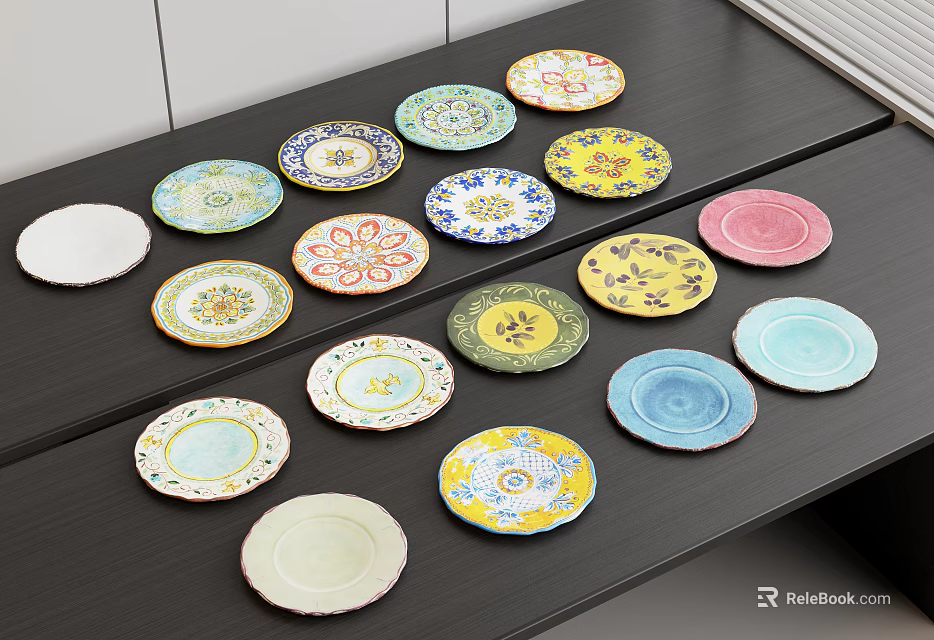 Colorful Patterned Dinnerware Set With Multiple Plates Neatly Arranged On Black Tabletop 3d model 