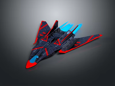 Futuristic Fighter Jet Model With Red And Black Paint And Blue Exhaust Flames 3d model